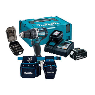 Makita 18V LXT Brushless Combi Drill 2x5ah Battery & Charger with Free Bit Set & Toolbet Murdock Builders Merchants